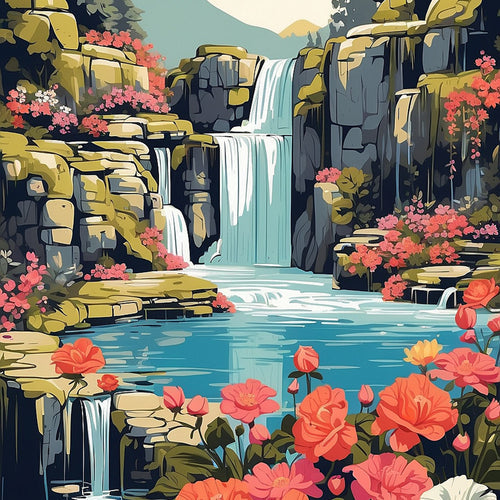 Illustration eines Wasserfalls und Blumen.